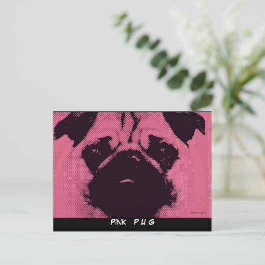 Briefkaarten sjabloon, Pug hondroze (Staand voorkant)