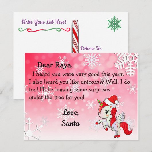 Briefkaarten uit de kerstman: Rode Unicorn in Sant (Voorkant / Achterkant)