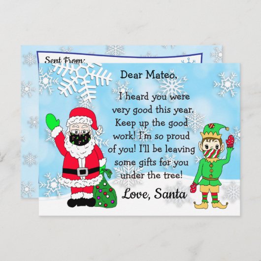 Briefkaarten van Santa: Santa en Elf in Facemask (Voorkant / Achterkant)