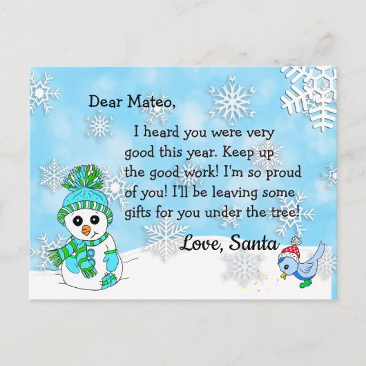 Briefkaarten van Santa: Schattigee Sneeuwman (Voorkant)