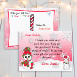 Briefkaarten van Santa: Schattigee Sneeuwman<br><div class="desc">sneeuwvlokken,  schattige sneeuwpop en een feestelijke konijntje gepersonaliseerde brief van Sinterklaas op de voorkant. De achterkant heeft een plek voor uw kind om hun kerstverlanglijstje te schrijven.</div>