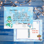 Briefkaarten van Santa: Schattigee Sneeuwman<br><div class="desc">sneeuwvlokken,  met een schattige feestelijke sneeuwpop en bluebird gepersonaliseerde brief van Sinterklaas op de voorkant. De achterkant heeft een plek voor uw kind om hun kerstverlanglijstje te schrijven.</div>