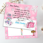 Briefkaarten van Santa: Schattigee Sneeuwman<br><div class="desc">sneeuwvlokken,  schattige sneeuwpop en een feestelijke konijntje gepersonaliseerde brief van Sinterklaas op de voorkant. De achterkant heeft een plek voor uw kind om hun kerstverlanglijstje te schrijven.</div>