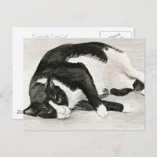 briefkaarten voor "Comfortable Tuxedo Cat" (Voorkant / Achterkant)
