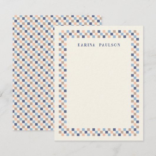 Briefpapier met dambordrand - Navy Notitiekaartje (Voorkant / Achterkant)