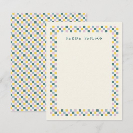 Briefpapier met schaakbordframe - turquoise notitiekaartje (Voorkant / Achterkant)