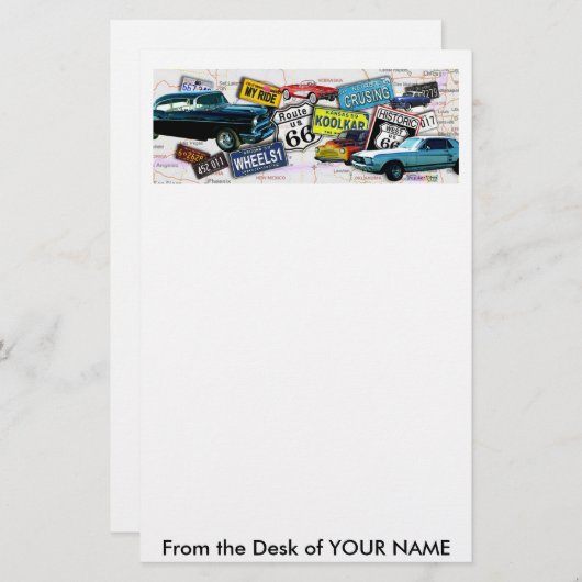 Briefpapier - Route 66_Klassieke auto's (Voorkant / Achterkant)
