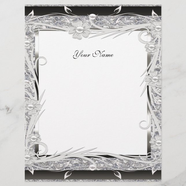 Briefpapier Vintage Zilver Zwart Bloemen (Voorkant)