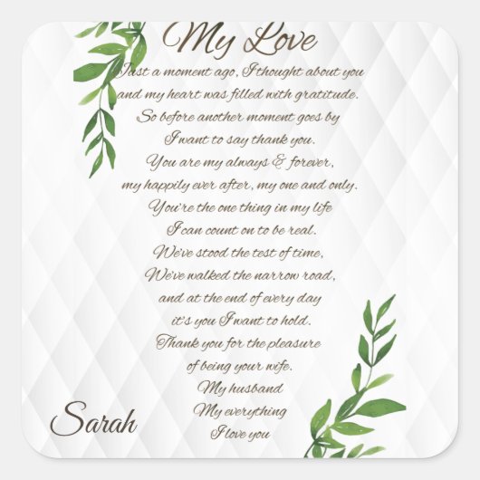 Brieven aan mijn man liefde vierkante sticker (Voorkant)