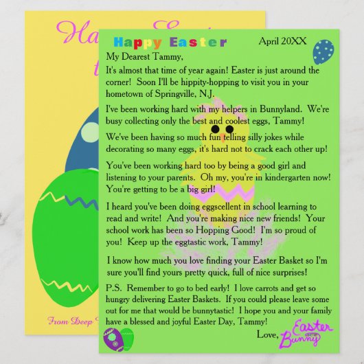 Brieven van paasbunny Yellow Pink Chick Egg Feestdagenkaart (Voorkant / Achterkant)