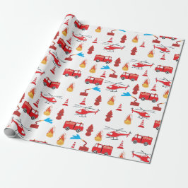 Brigadepatroon van de Rood Transport Fire Truck En Cadeaupapier