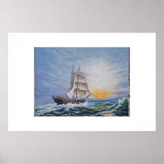 Brigantine op levendige Zeeen Poster