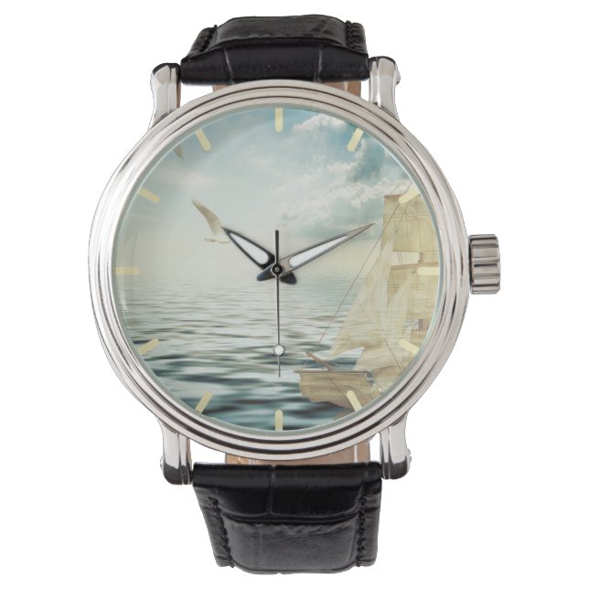 Brigantine Sailboat & Seagulls Horloge (Voorkant)