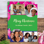 Bright 4 Foto's Collage Vrolijk Kerstfeest Custom Folie Feestdagenkaart<br><div class="desc">Creëer uw eigen heldere en kleurrijke kerstkaart met deze leuke en eigentijdse sjabloon. De kaart toont vier van je favoriete foto's, op een achtergrond van felroze, groene en blauwe blokkleuren. De begroeting 'Merry Christmas' is in het midden in stijlvolle scripttypografie, en de kaart bevat ook tekst voor u om te...</div>