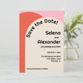 Bright 70s Style Roze & Sinaasappel Save the Date Kaart (Staand voorkant)