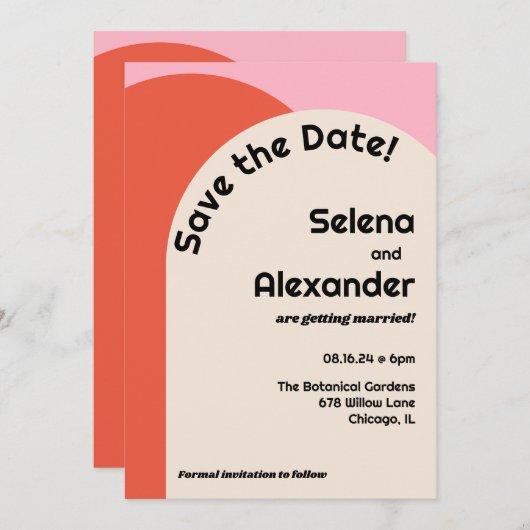 Bright 70s Style Roze & Sinaasappel Save the Date Kaart (Voorkant / Achterkant)