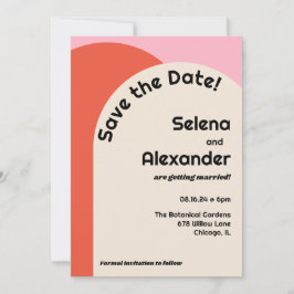 Bright 70s Style Roze & Sinaasappel Save the Date Kaart