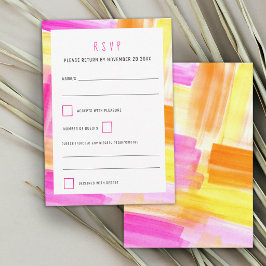 Bright abstract art pink yellow wedding RSVP kaartje