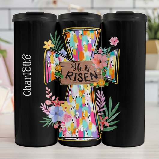 Bright Abstract Floral He Is Risen Cross Thermosbeker