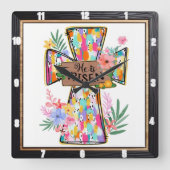 Bright Abstract Floral He Is Risen Cross Vierkante Klok (Voorkant)