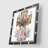Bright Abstract Floral He Is Risen Cross Vierkante Klok (Hoek)