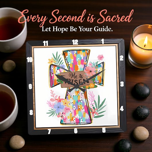 Bright Abstract Floral He Is Risen Cross Vierkante Klok