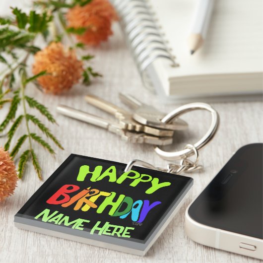 Bright and Happy Birthday Custom Name Sleutelhanger (Voorkant Rechts)