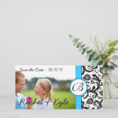 Bright Aqua Black Damask sla de datum waarop je fo Save The Date (Staand voorkant)