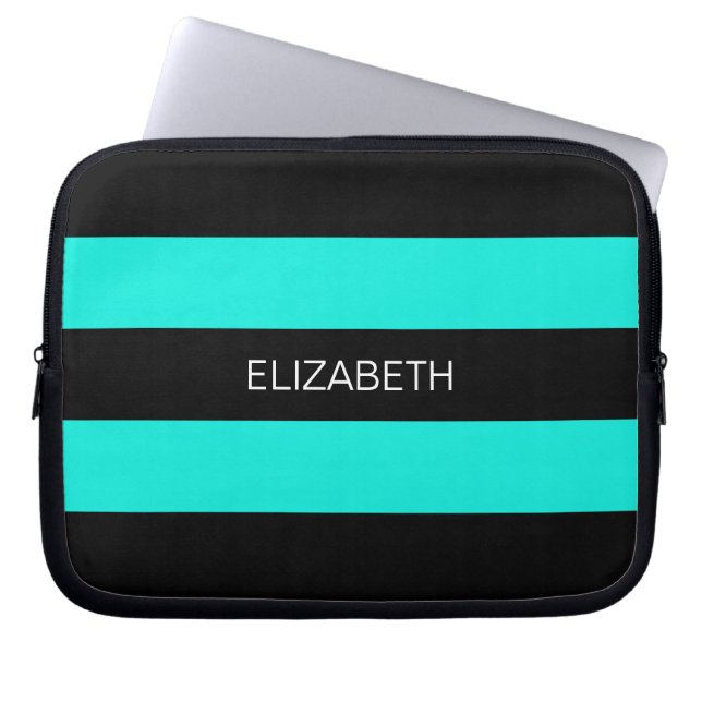 Bright Aqua Black Horiz Preppy Stripe #3 Monogram Laptop Sleeve (Voorkant)