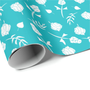 Bright Aqua Blue en White Rosebud Floral Pattern Cadeaupapier