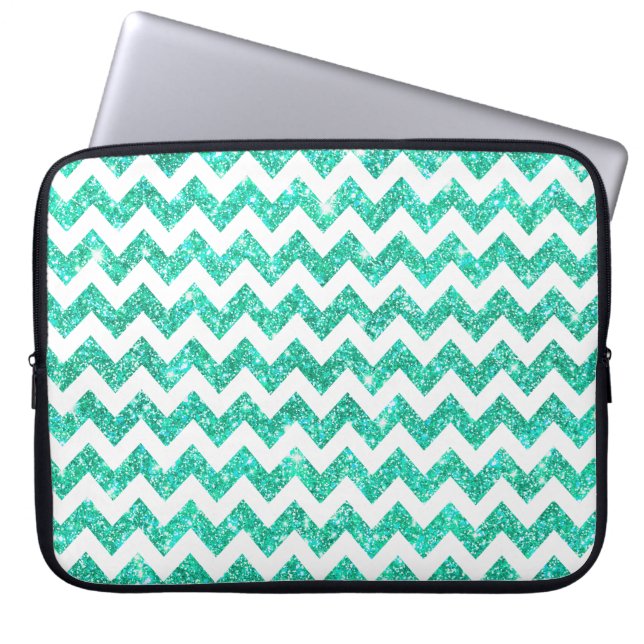 Bright Aqua Blue Faux Glitter White Chevron Girly Laptop Sleeve (Voorkant)