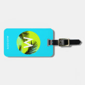 Bright Aqua Blue met tropische palmbomen Monogram Bagagelabel (Voorkant horizontaal)