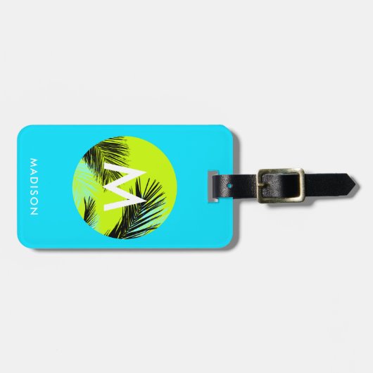 Bright Aqua Blue met tropische palmbomen Monogram Bagagelabel (Voorkant horizontaal)