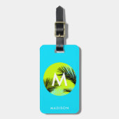 Bright Aqua Blue met tropische palmbomen Monogram Bagagelabel (Voorkant verticaal)