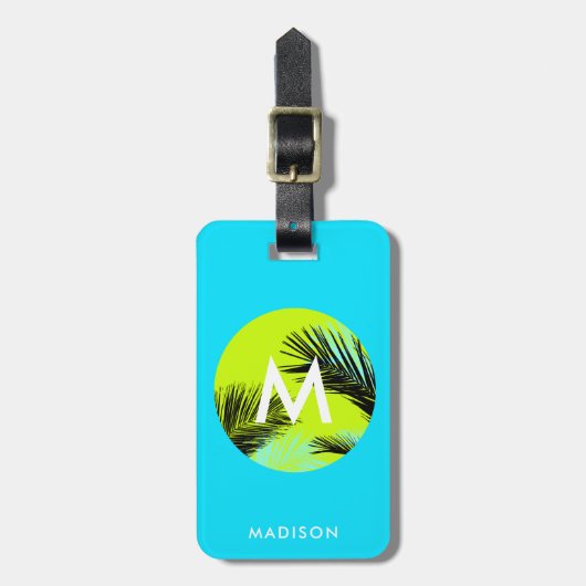 Bright Aqua Blue met tropische palmbomen Monogram Bagagelabel (Voorkant verticaal)