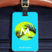 Bright Aqua Blue met tropische palmbomen Monogram Bagagelabel