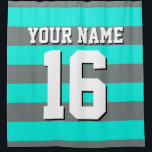 Bright Aqua Charcoal Sports Jersey Preppy Stripe Douchegordijn<br><div class="desc">Preppy Striped Team Jersey / Sports Jersey / Football Jersey / Rugby Jersey met aangepaste naam Pas dit aan met uw eigen naam of teamnaam en een nummer. U kunt de grootte, de kleur en de plaatsing van de tekst wijzigen als u wijzigingen moet aanbrengen, de kleur van de tekstschaduw...</div>