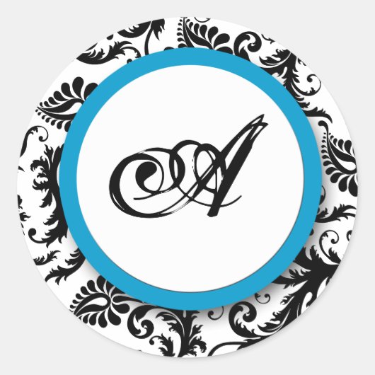 Bright Aqua Damask Monogram Wedding Stickers (Voorkant)
