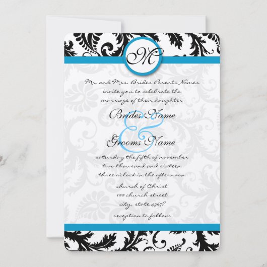 Bright Aqua Damask Swirls Wedding Kaart (Voorkant)