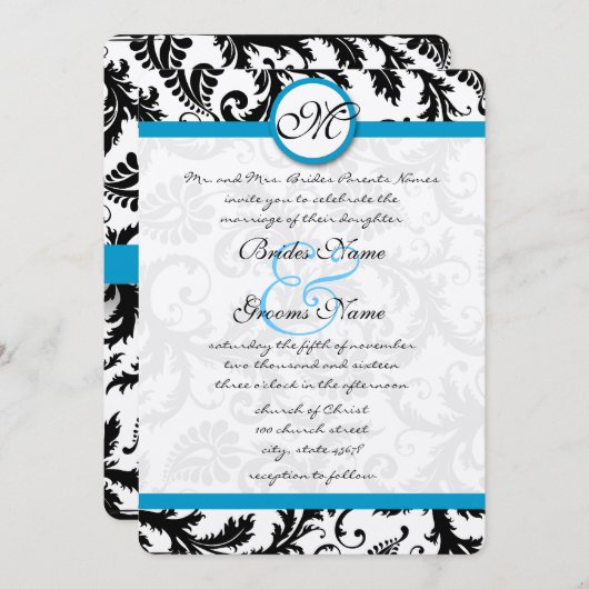 Bright Aqua Damask Swirls Wedding Kaart (Voorkant / Achterkant)