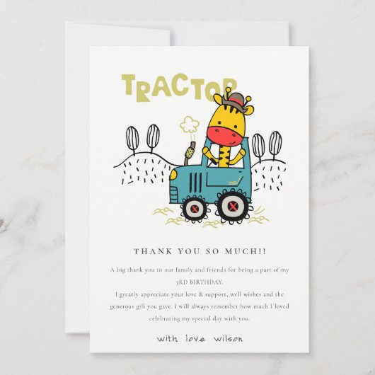 Bright Aqua Giraffe in Boerderij Tractor Boys Verj Bedankkaart (Voorkant)