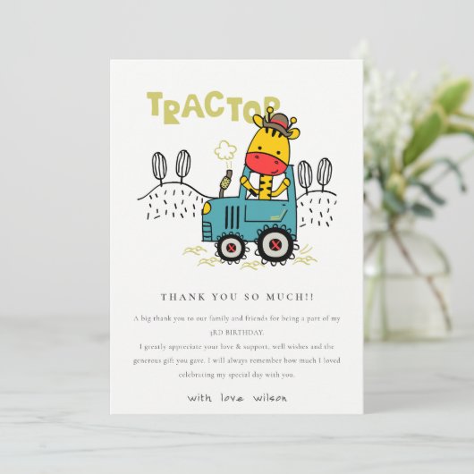 Bright Aqua Giraffe in Boerderij Tractor Boys Verj Bedankkaart (Staand voorkant)