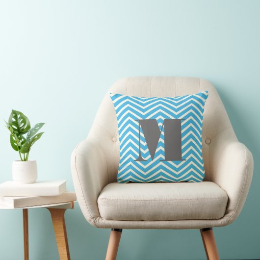 Bright Aqua Ivory en Gray Monogram Zig Zag Kussen (Stoel)