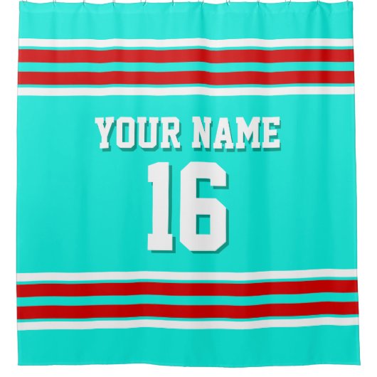 Bright Aqua met Red White Stripes Sports Jersey Douchegordijn (Voorkant)
