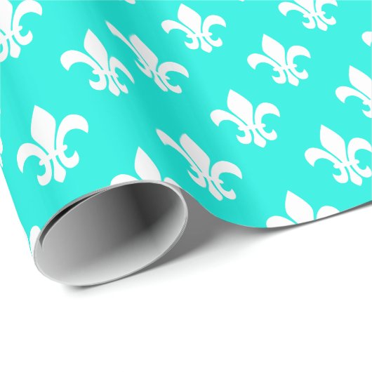 Bright Aqua White Fleur de Lis Pattern Cadeaupapier (Rol Hoek)