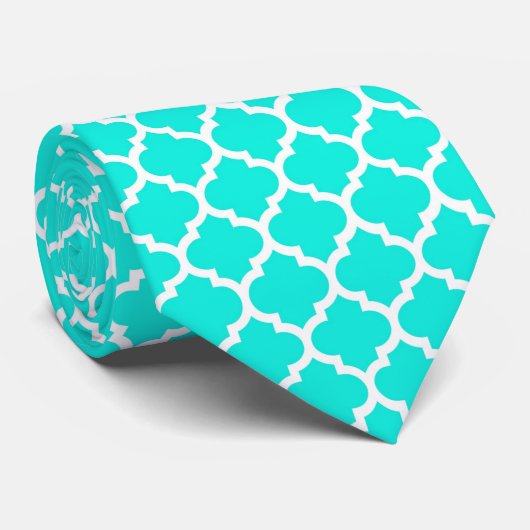 Bright Aqua White Moroccan Quatrefoil Pattern #5 Stropdas (Opgerold)