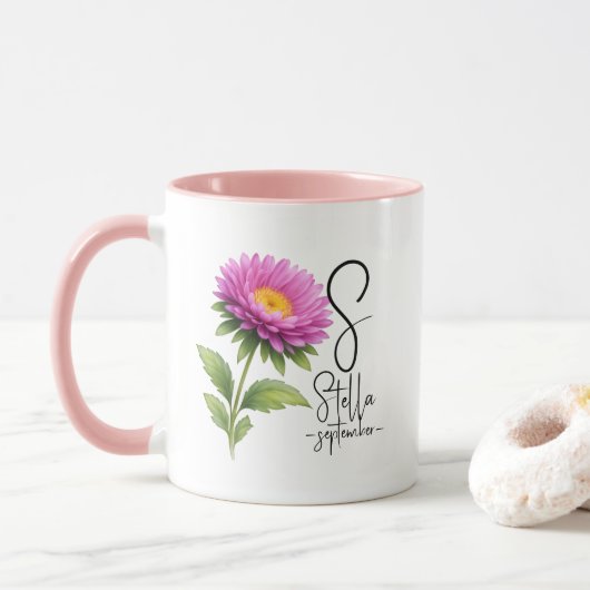 Bright Aster Monogram – September Birth Flower Mok (Met donut)