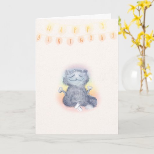 Bright Aura Funny Cute Yoga Cat Friend Birthday Kaart (Gele Bloem)