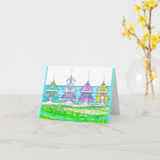Bright Beach Cottages Note Cards Kaart (Gele Bloem)