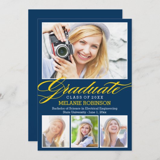 Bright Beginning Afstuderen Uitnodiging - Navy Blu (Voorkant / Achterkant)